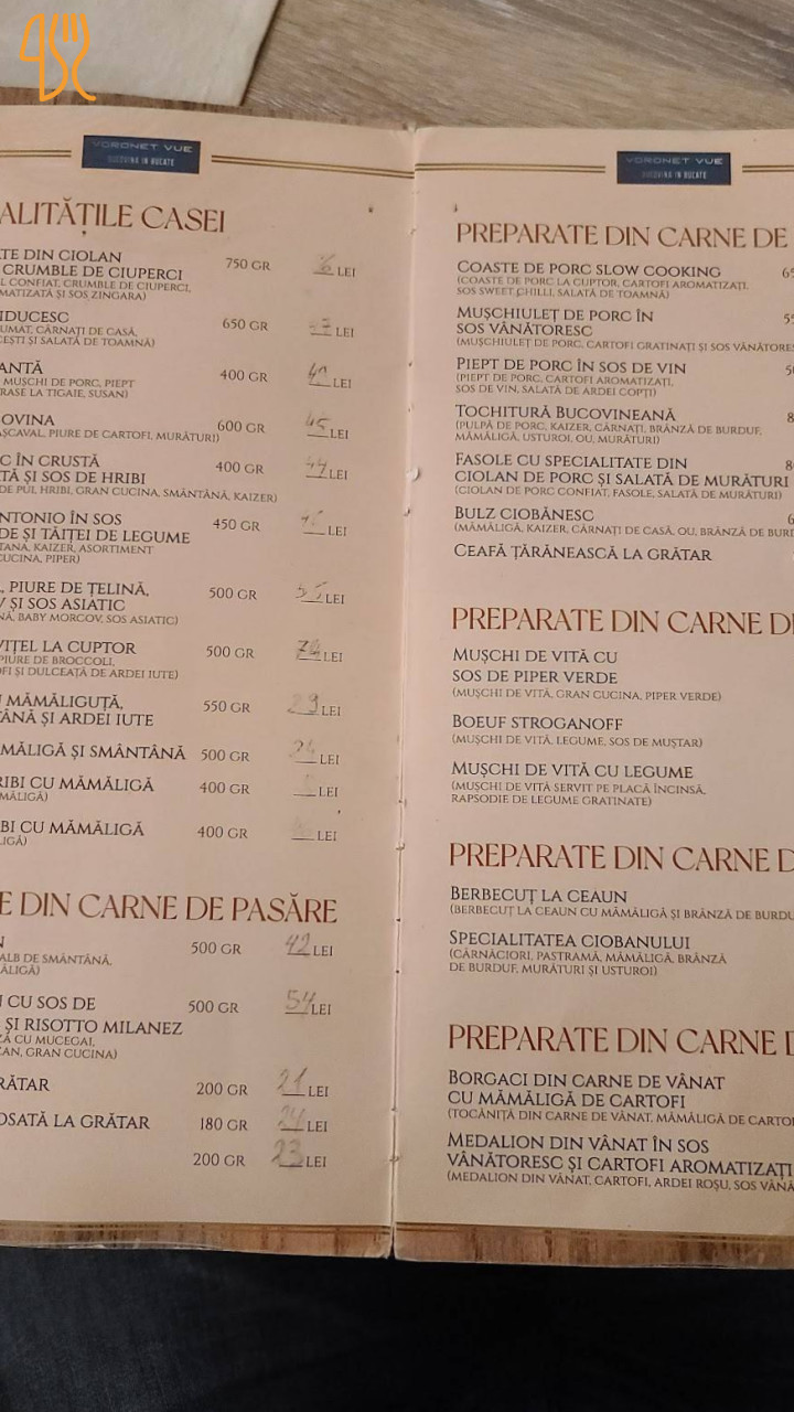 Popasul Domnesc Resort Voronet Vue Meniu